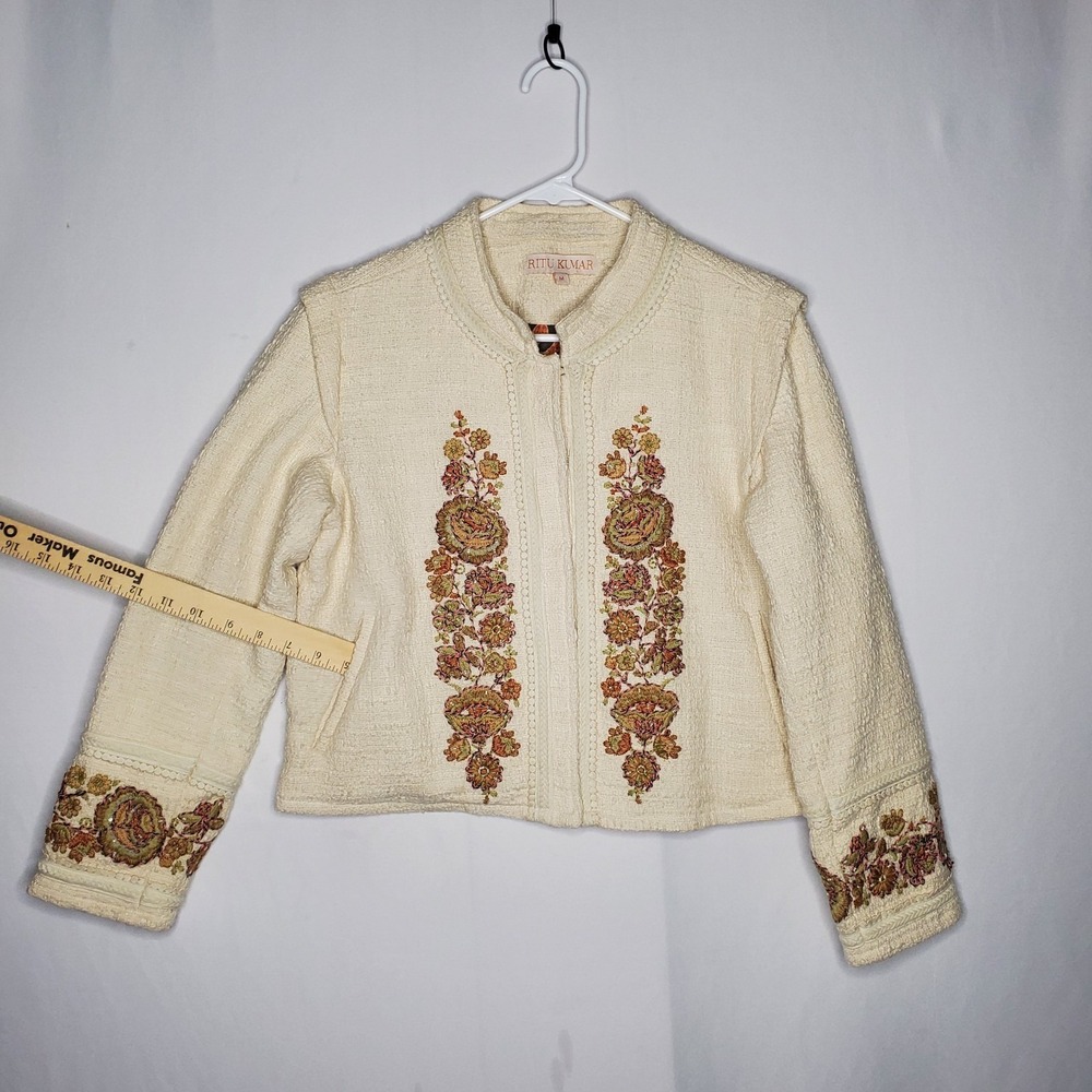 Ritu Kumar Jacket Medium Womens Woven Cream Embroidered Textured Pocket Boho - Picture 5 of 10